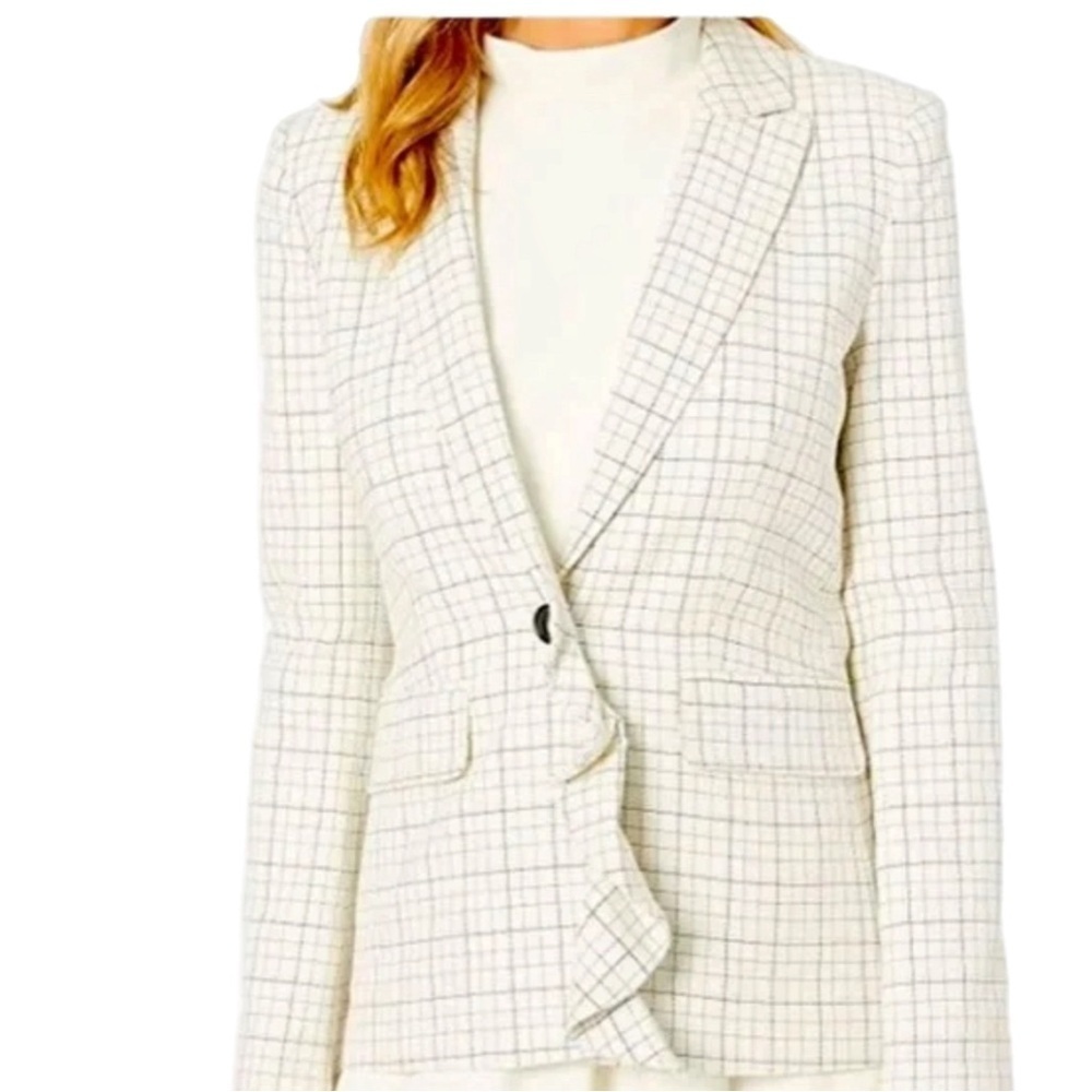 $368 NWT JOIE Sz4 VILLETTE RUFFLED PLAID ONE BUTTON BLAZER PORCELAIN